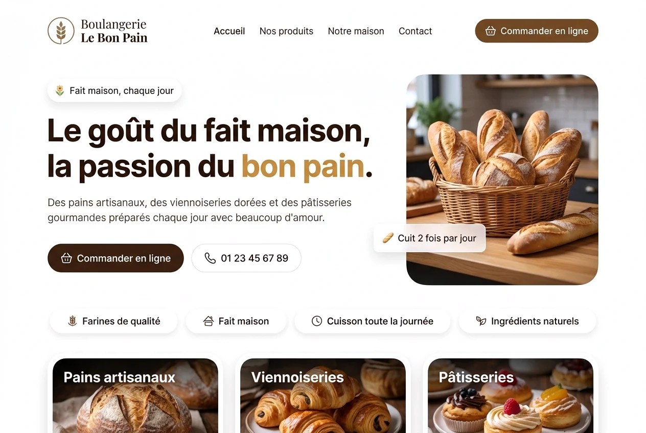 Aperçu d'un site de boulangerie artisanale créé par Pixanovax