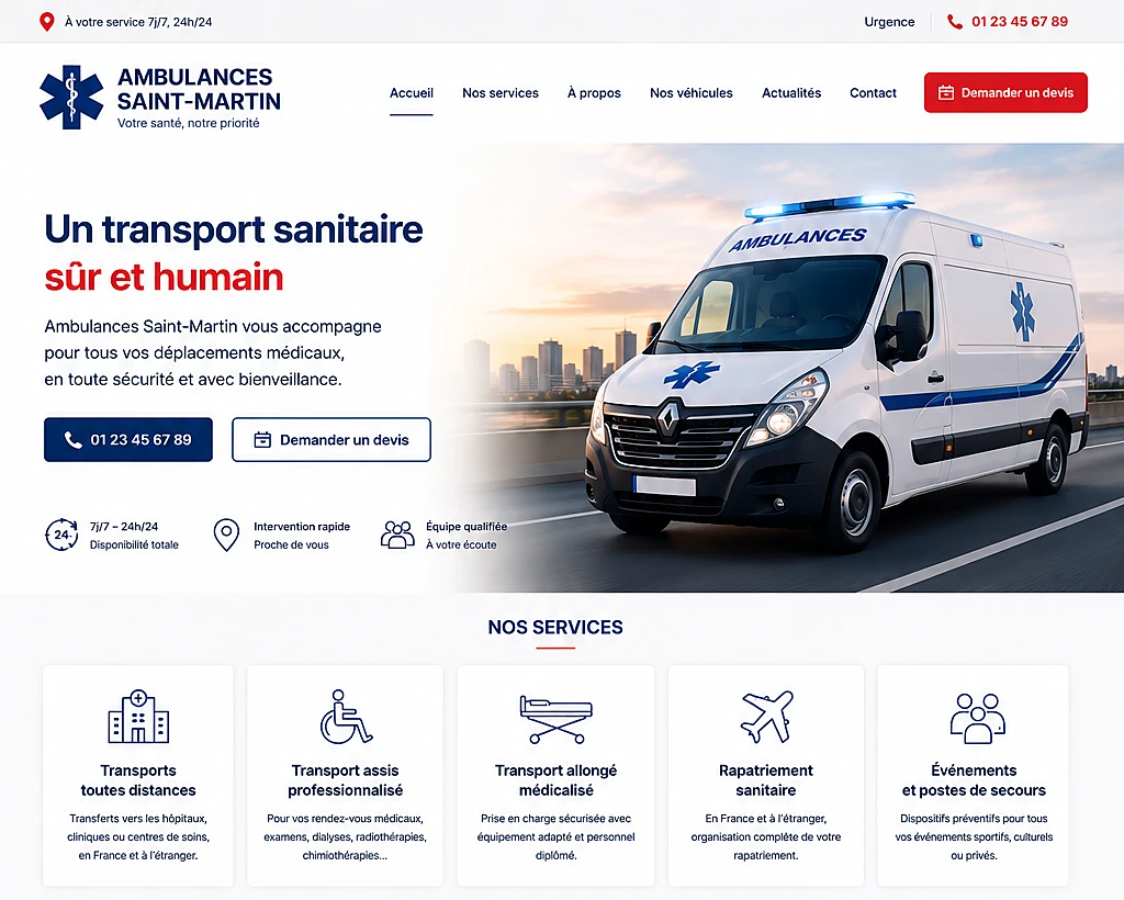 Site web Ambulances Saint-Martin — Transport médical créé par Pixanovax